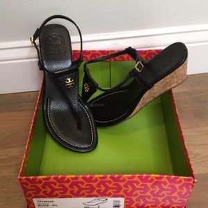 Tory Burch cork wedge, black leather sandal